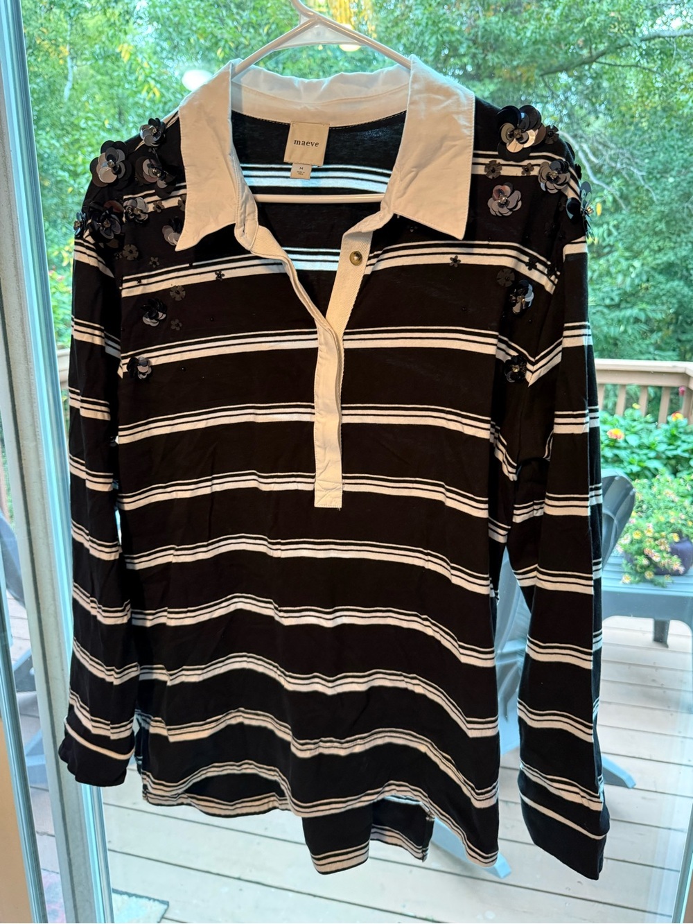Maeve Black & White Striped Long-Sleeve Polo with Floral Appliqué